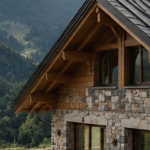 Façade de chalet en pierre et bois